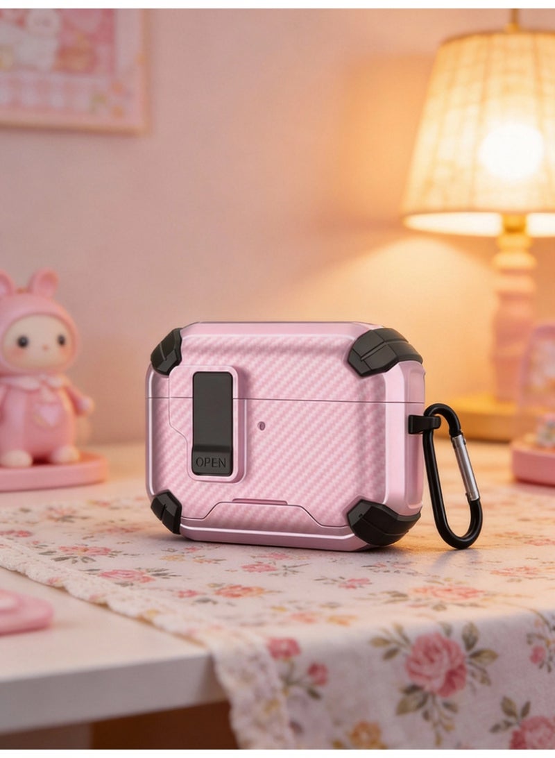 غطاء واقي لحافظة شحن AirPods 4 (يشمل مجموعة تنظيف وحلقة مفاتيح) درع واقي من الصلب مع تصميم قفل مزود برباط - إصدار وردي - view 4